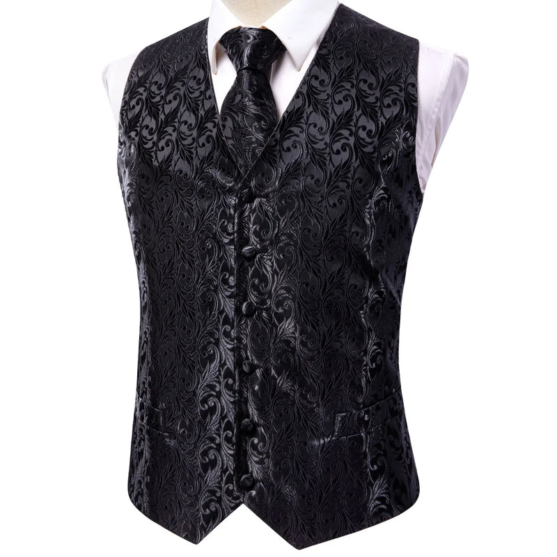 Men's Black Dress Vest Set with Tie Pocket Square Cufflinks - Jacquard Formal Tuxedo Waistcoat Suit Wedding - View 3 | SAMAG