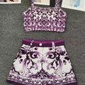 Designer retro geometric print sexy tube top suspender two-piece 2026 summer women's dress+straight short fashion suit