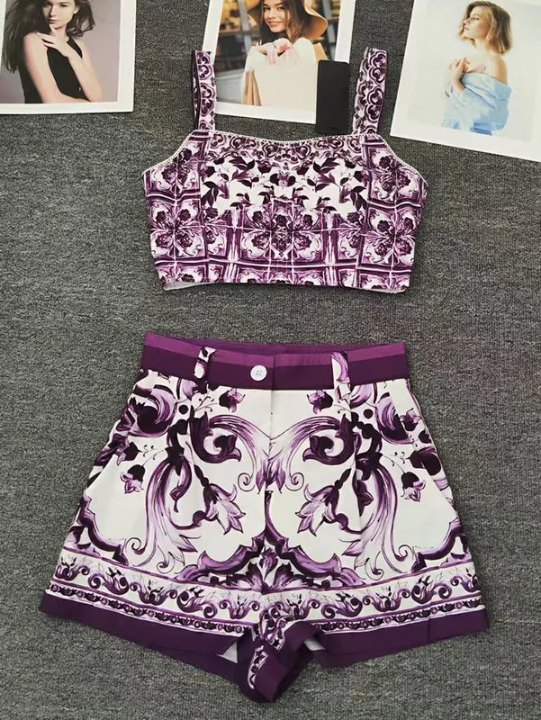 Designer retro geometric print sexy tube top suspender two-piece 2026 summer women's dress+straight short fashion suit