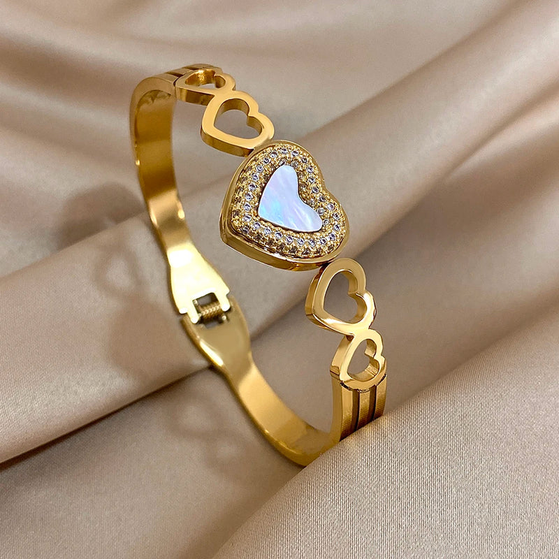 Stainless Steel Bangle Bracelet Inlay Luxury Rhinestones Gorgeous Synthetic Zirconia Geometric Oval Square Stars Shape for Women
