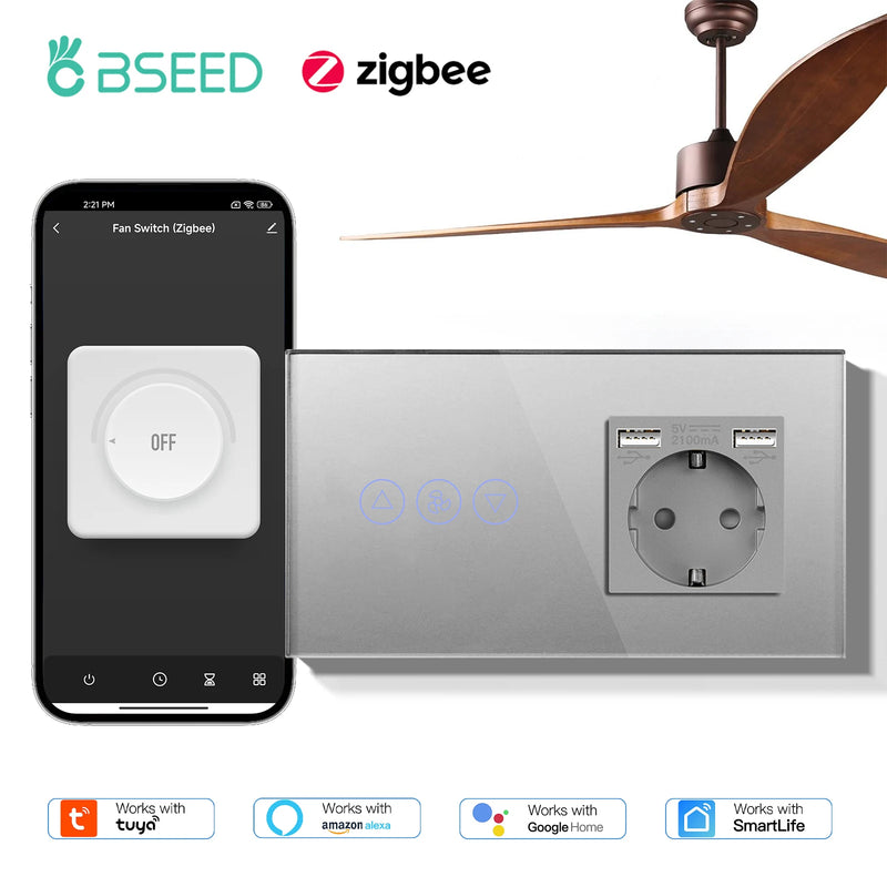 BSEED Zigbee Fans Switches Smart Wall Touch  Speed Control Switch With EU Socket Support Tuya Smart Life Alexa Voice Control