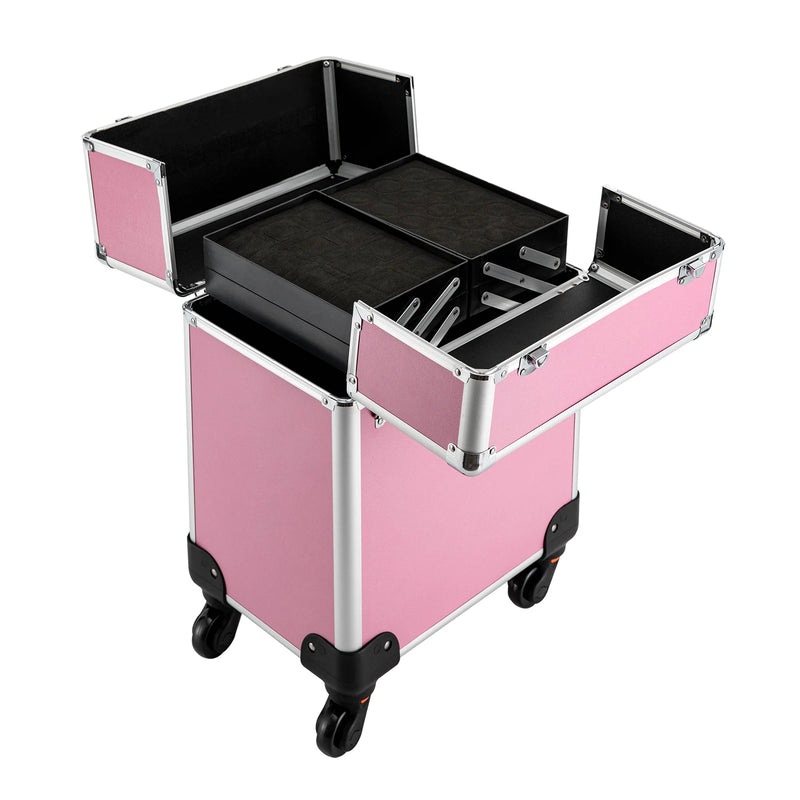 18" Aluminum Makeup Train Case, Rolling Cosmetic Organizer Cart with Key Lock, Large Portable Beauty Storage Suitcase for Professional Travel Salon
