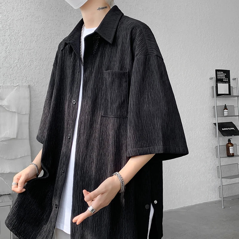 Wine Red Side Buttons Pleated Shirt Black Apricot | SAMAG