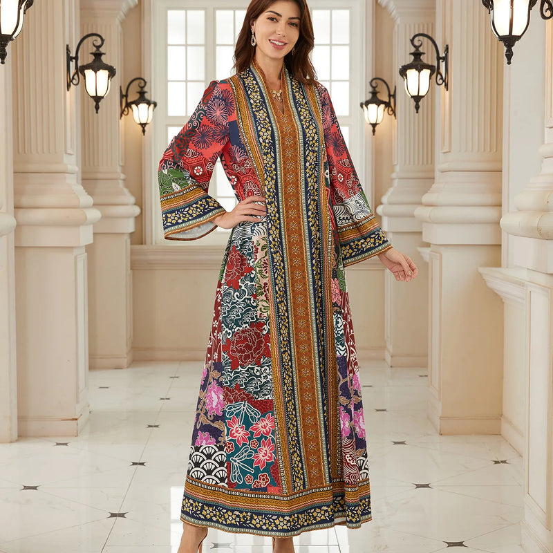 Eid Ramadan Abaya Women Paisley Print Rhinestone Kaftan | SAMAG