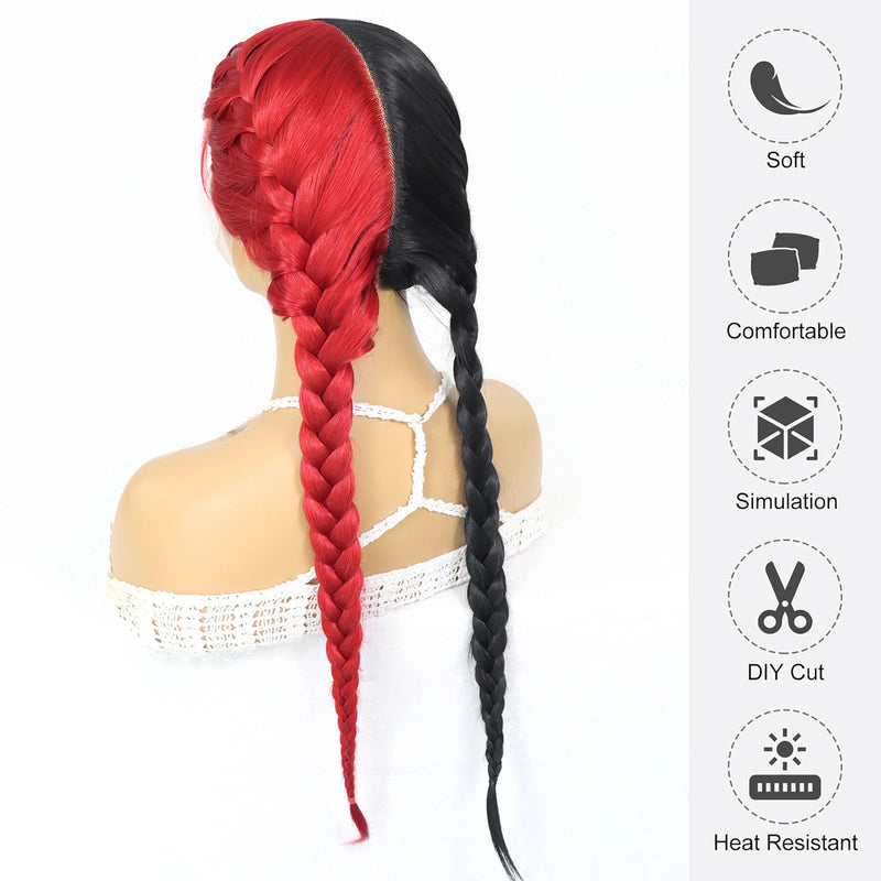 Half Red Half Black Colored Lace Front Braided Wigs For Women 26 Inch Long Synthetic Double Dutch Box Braids Wig With Baby Hair