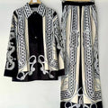 Retro geometric print lapel straight leg shirt two-piece set for 2026 spring women's clothing+loose wide leg pants fashion set