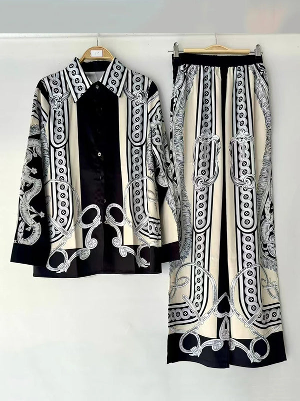 Retro geometric print lapel straight leg shirt two-piece set for 2026 spring women's clothing+loose wide leg pants fashion set
