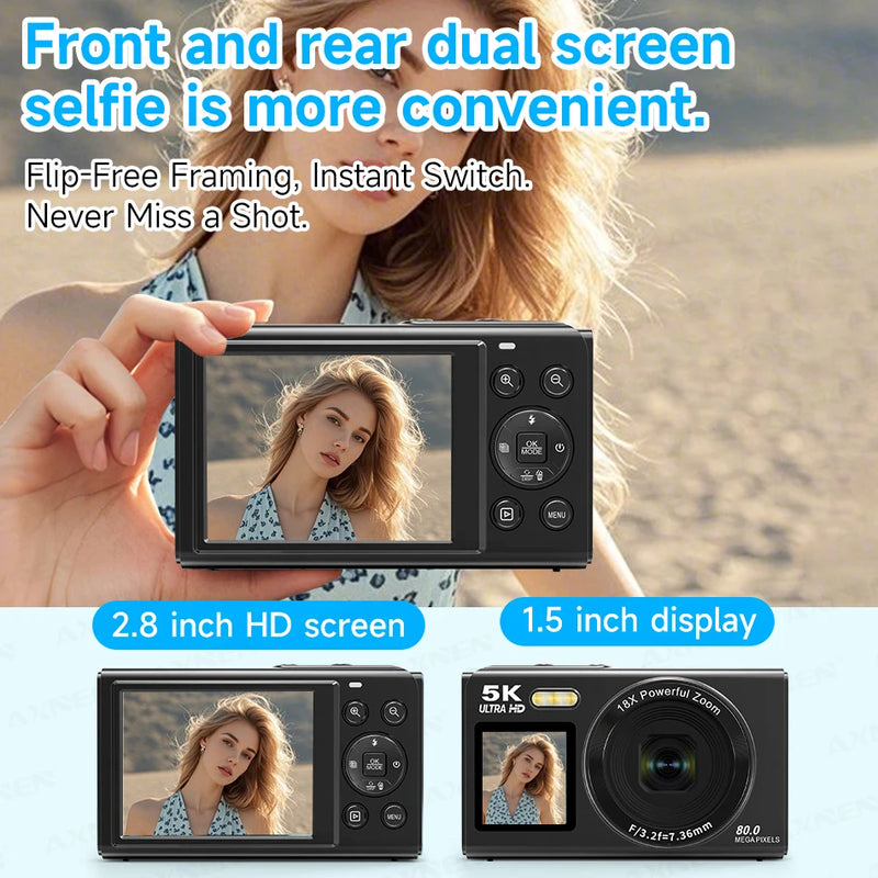 5K Digital Camera 8000W Pixel Retro CCD Dual Screen Photographic Cameras 80MP Vlog Cam with Auto Focus Smile Detection 18x Zoom