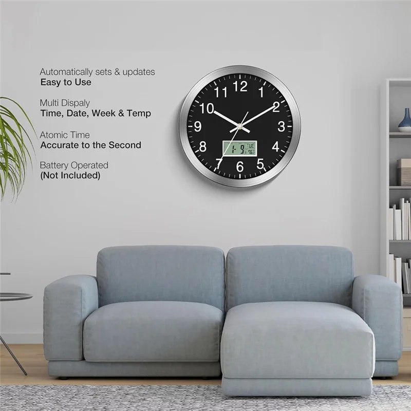 12Inch Wall Clock With Digital Date, Week & Indoor Temp - Battery Operated Wall Clock, Auto Sets,Easy To Read-AT64