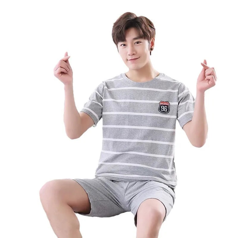 Men's Summer Pyjamas Set: Short-Sleeved Top and Shorts Youthful Student Style with Cartoon Stripes Summer Homewear Ensemble