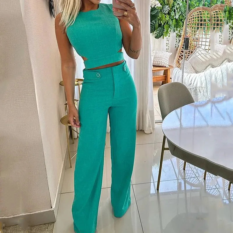 Elegant Slim Sets For Women 2 Pieces Sexy Sleeveless Crop Top + high waist Pants Suits Solid Outifit Y2K Sweet Style Women's Set