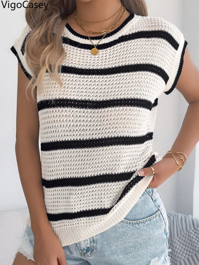 VigoCasey Summer Lady Stripe Print Top Women Short Sleeve | SAMAG