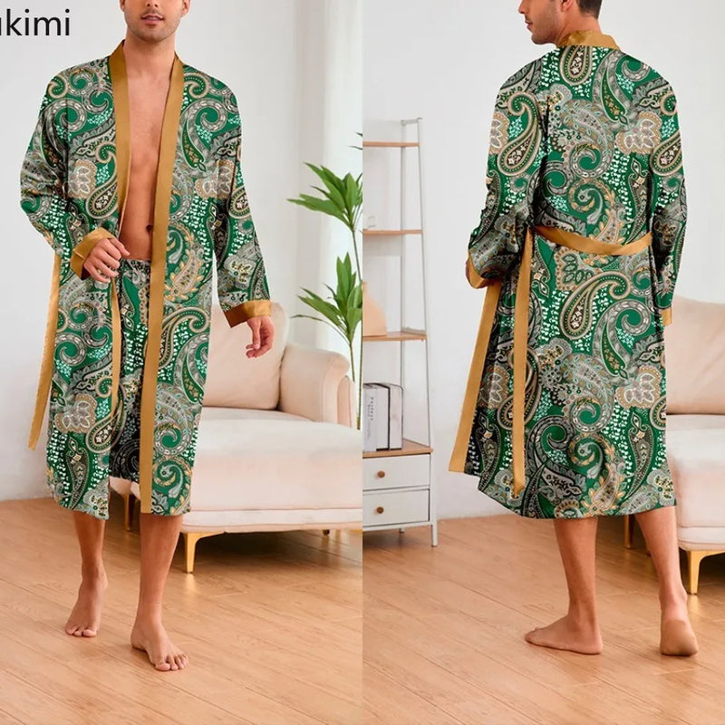 Men's Ice Silk Sleepwear Two-piece Set Kimono Bathrobe Gown Long Robe Pajamas Set Print Tiger Loose Casual Homewear Lounge Wear
