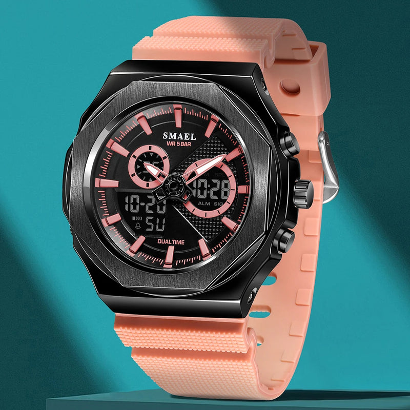SMAEL Women Dual Display Waterproof Sport Quartz Watch LED Digital Analog Stopwatch Durable Daily Outdoor Casual Wristwatch
