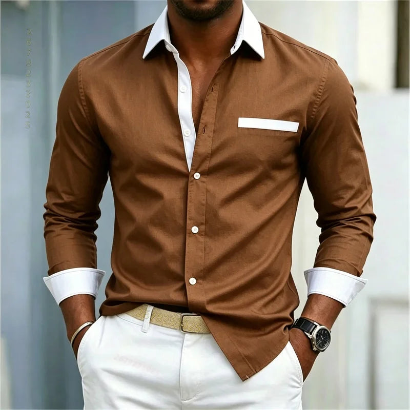 Men's shirt color blocking black and white lapel slim fit | SAMAG