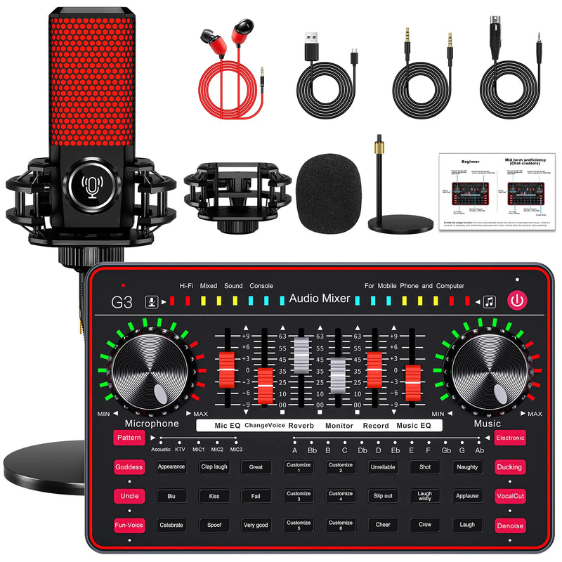 Tenlamp G3 Podcast Equipment Bundle Kit, Studio Sound Card Audio Mixer with Dynamic Condenser Wireless Mic, DJ Mixing Station Voice Changer for PC Smartphone Gaming Streaming Singing Recording YouTube