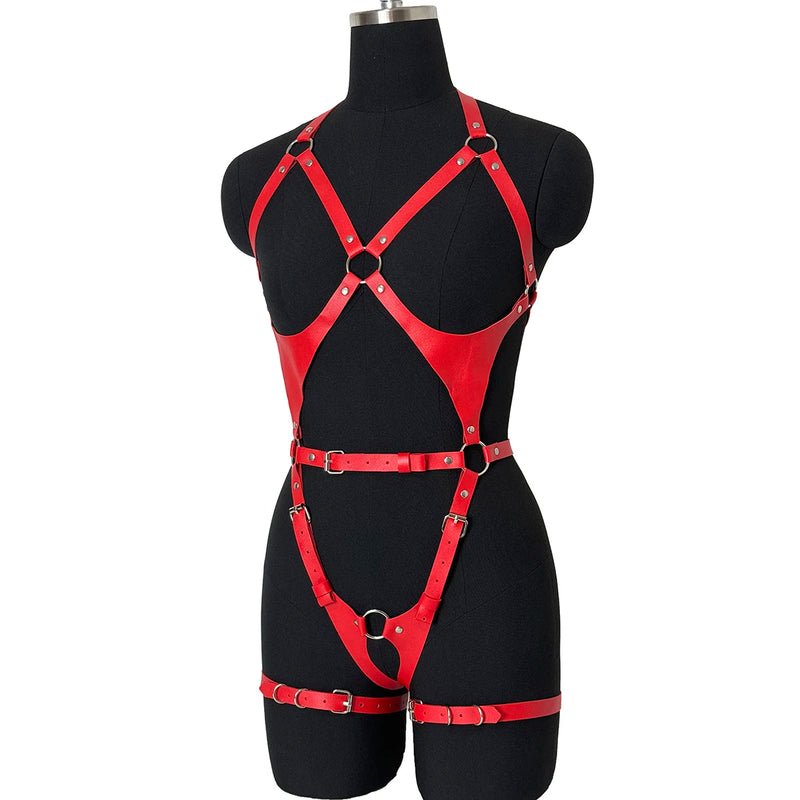 Goth Lingerie Set Women PU Leather Harness Fetish Garters Belts Full Underwear Suspenders Clothing Accessories