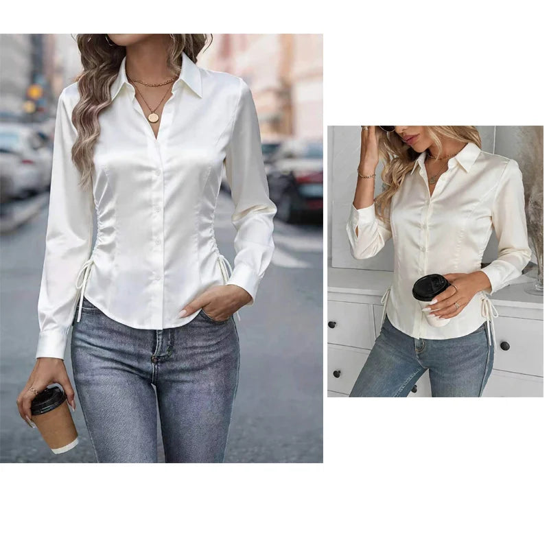 Women Satin Blouse Long Sleeve Turn Down Collar Side - View 4 | SAMAG