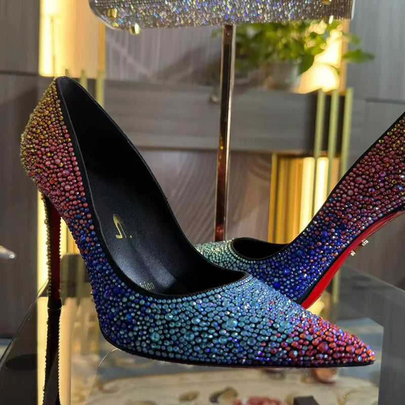 Women Full Diamond High Heel Pumps Rhinestone Pointed Toe Stiletto Heel Bling Bling Luxury Brand Colorful Crystal Wedding Shoes