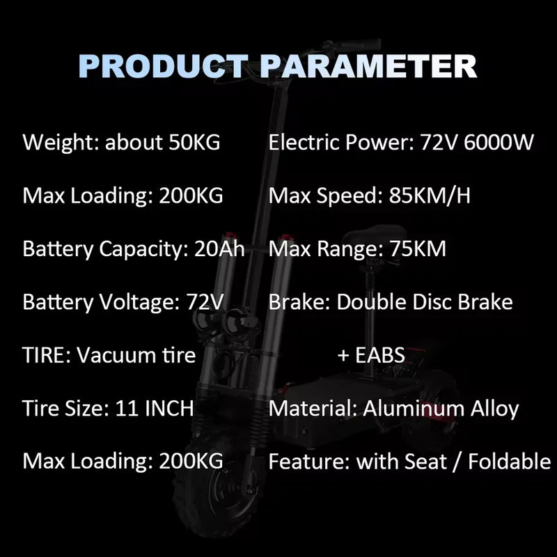 6000W High Power Dual Motor Electric Scooter Aluminum Alloy Folding Frame Off-Road Tire Dual Hydraulic shock Adult E-Scooter