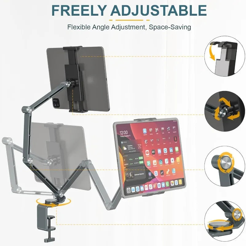 Tablet Desk Mount Stand,360° Rotating Adjustable Metal Arms Foldable, Sturdy Bed Mount for 4.7-13.5 Inch  iPad and Android