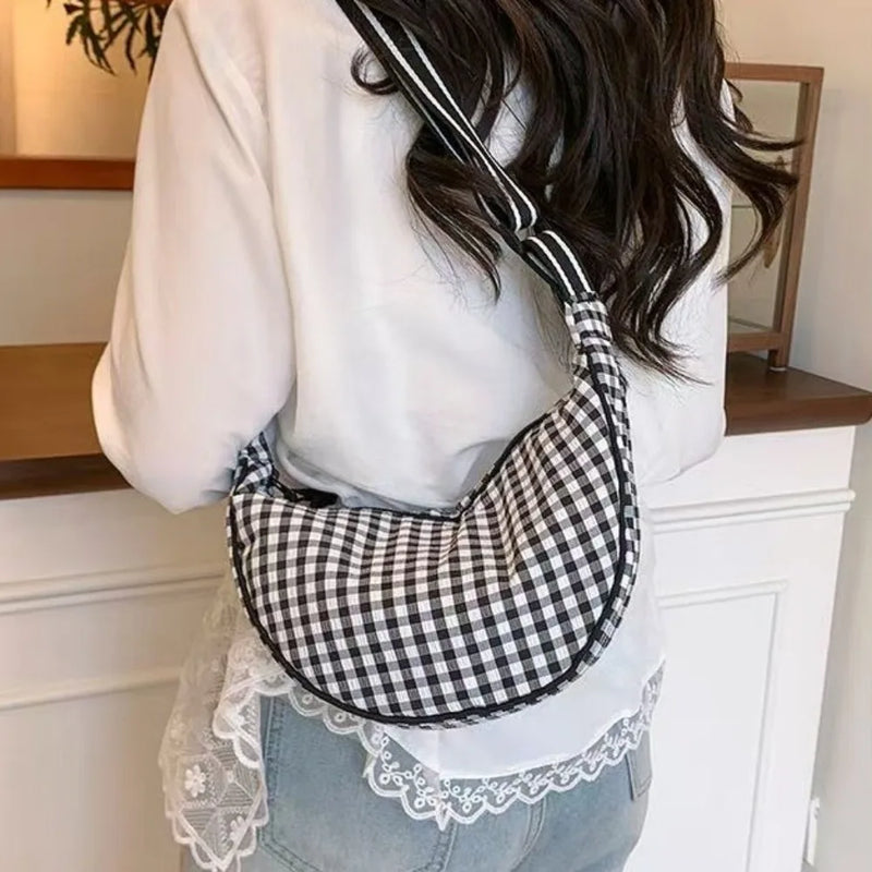 Fashion Canvas Plaid Hobos Crossbody Bag for Women Shoulder Bag Half Moon Chest Bags Tote Lady Travel Shopper Bag Female Purses