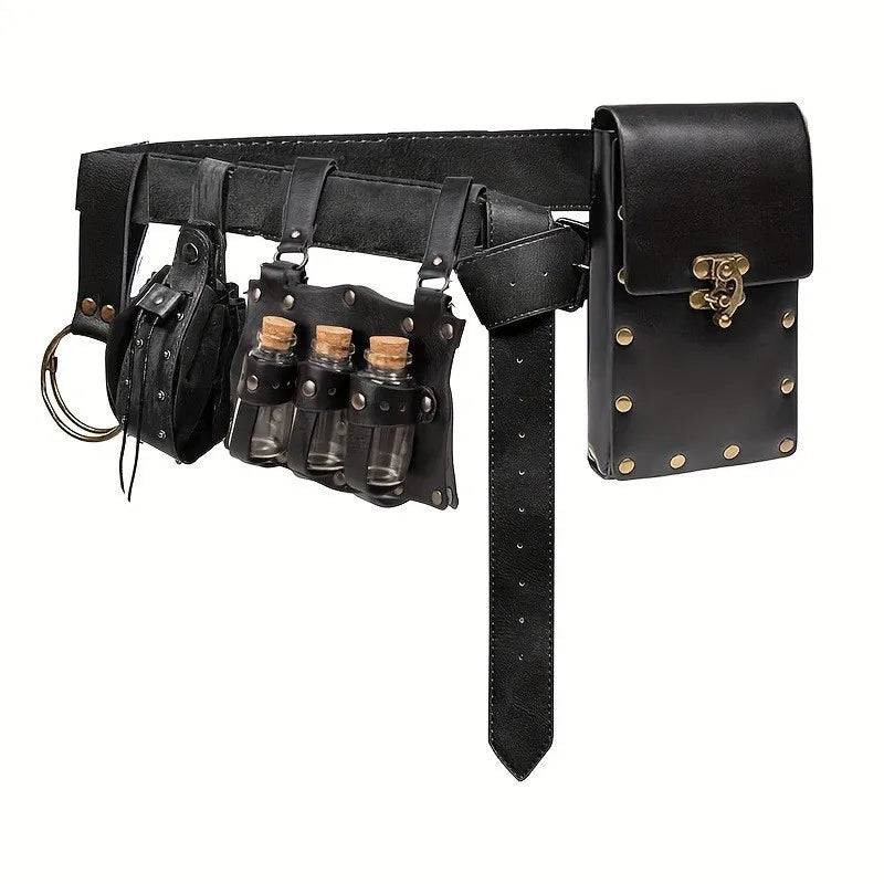 5Pcs/Set Medieval Leather Belt Waist Bag Renaissance Steampunk Vintage Waist Pack Cosplay Halloween Costume Accessories Set ﻿