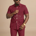 Navy Blue Striped Men Suits Chic Stand Collar Short Sleeves Wear Single Breasted Office Business Casual Male Suit 2 Piece