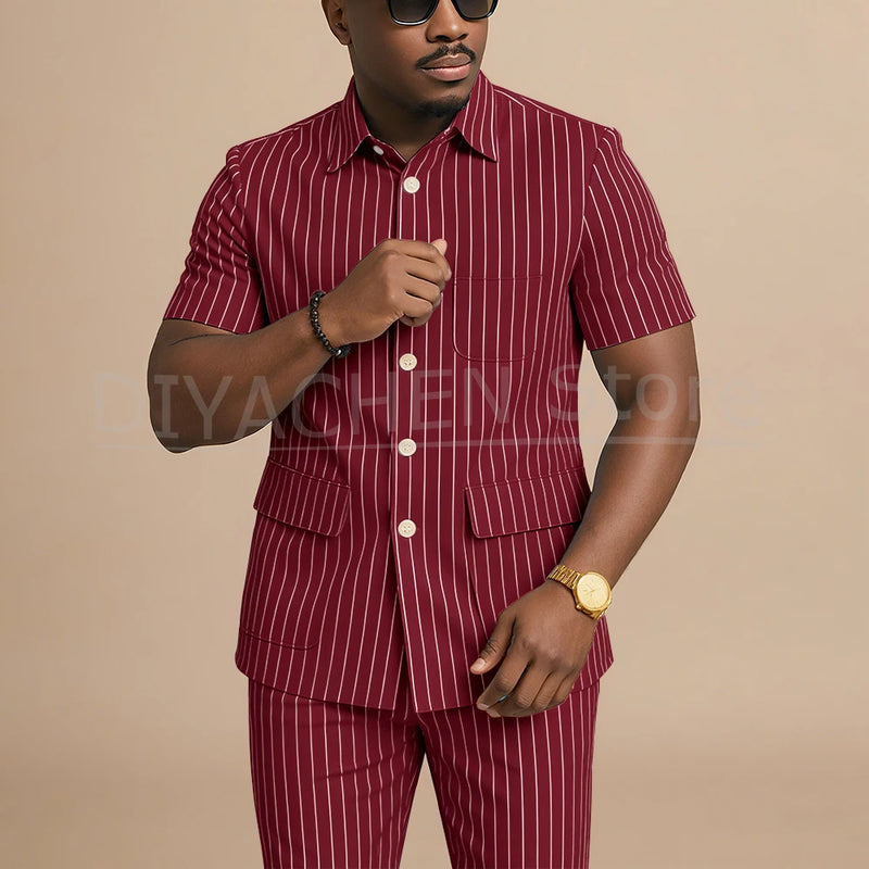Navy Blue Striped Men Suits Chic Stand Collar Short Sleeves Wear Single Breasted Office Business Casual Male Suit 2 Piece