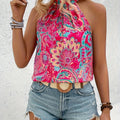 New Elegant Women's Summer Tank Tops Casual Floral Print Top Vacation Pleated Halterneck Sleeveless Camisole Shirt