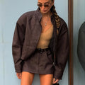 Women Faux Suede Two Piece Set Stand Collar Covered Button Long Sleeve Cropped Jacket High Waist Mini Skirt Vintage Casual Suits