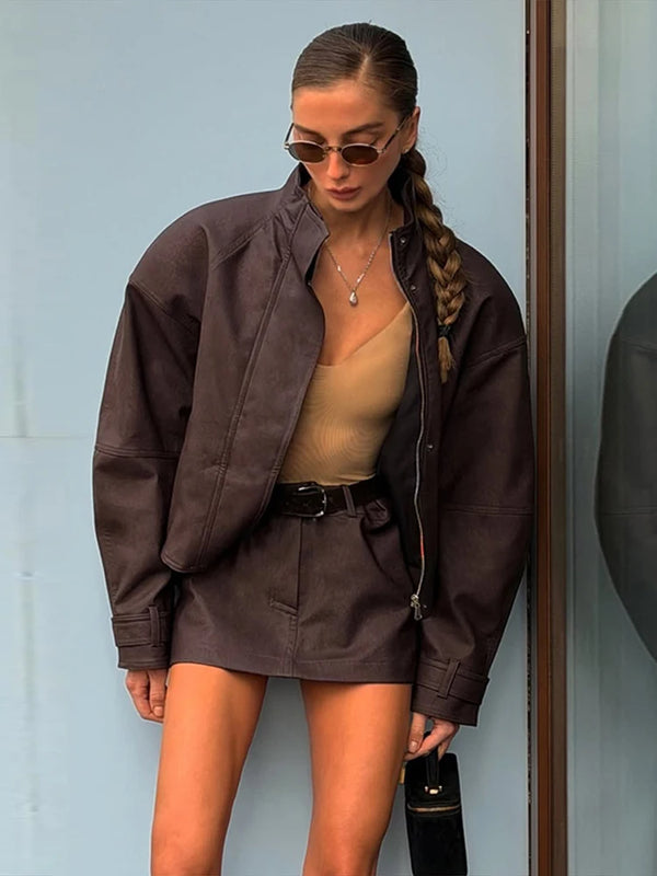 Women Faux Suede Two Piece Set Stand Collar Covered Button Long Sleeve Cropped Jacket High Waist Mini Skirt Vintage Casual Suits