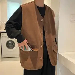 Men's Sleeveless Vest Trendy Cardigan Jacket Hong Kong Style Retro Vest Versatile Solid Color Vest
