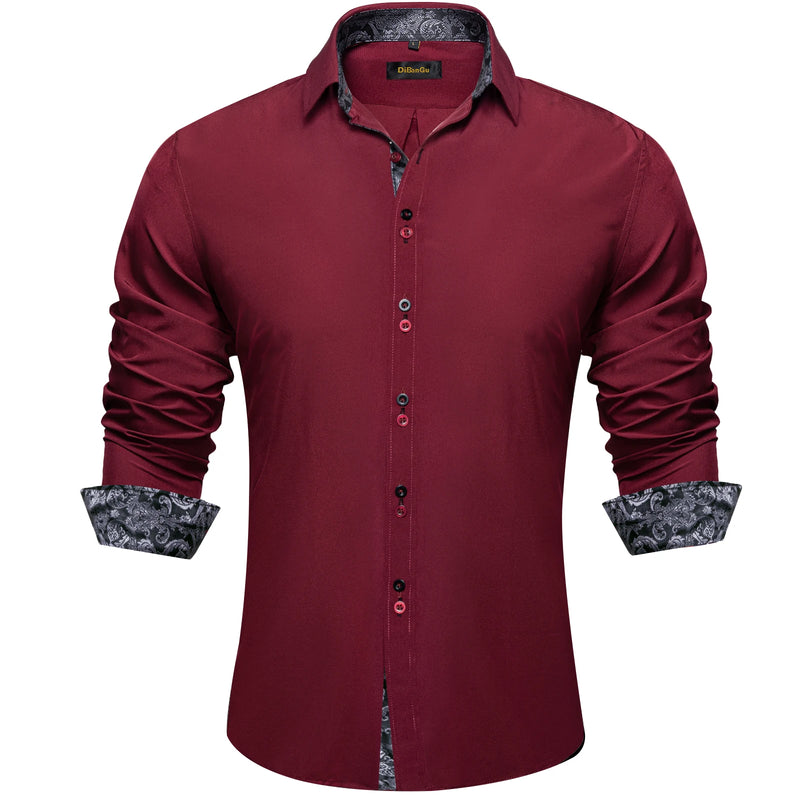 DiBanGu Men Shirt Long Sleeve Black Solid Red Paisley | SAMAG