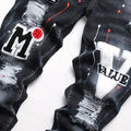 Men y2k Stretchy Denim jeans Ripped Skinny Letter Print | SAMAG