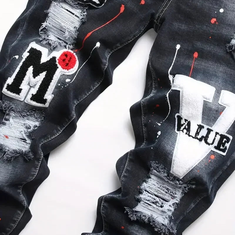 Men y2k Stretchy Denim jeans Ripped Skinny Letter Print | SAMAG