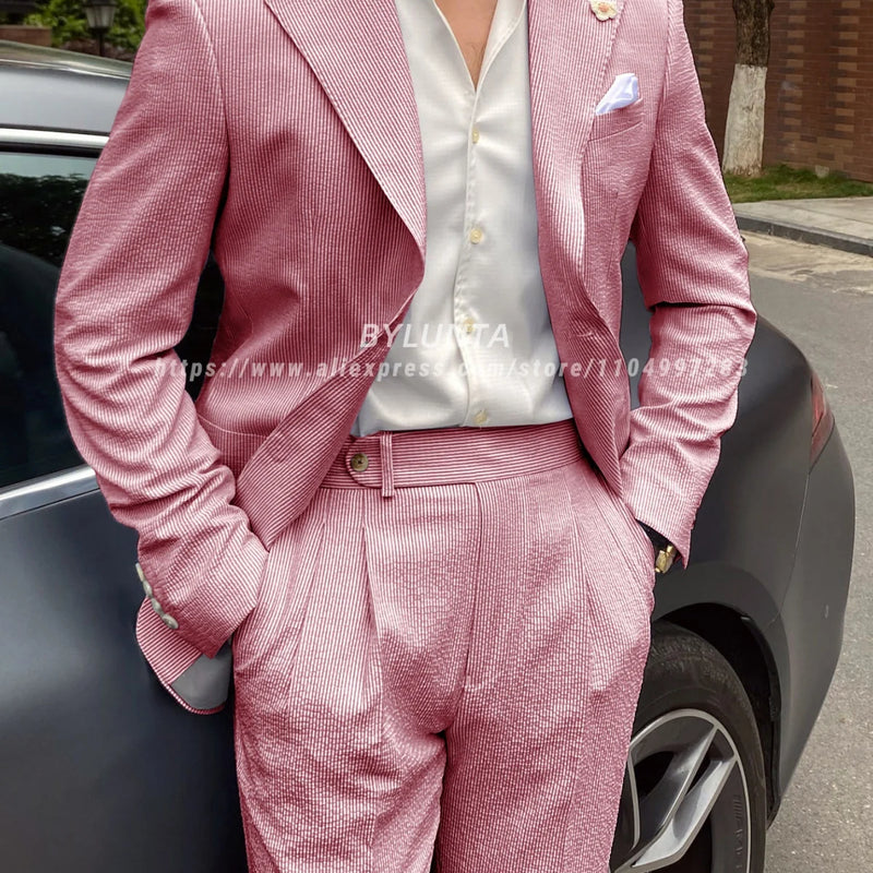 BYLUNTA Mens Suit 2 Piece Slim Fit Stripe Suits Tuxedo Blazer Jackets Pants Set Summer Beach Wedding Outfit for Mennt)