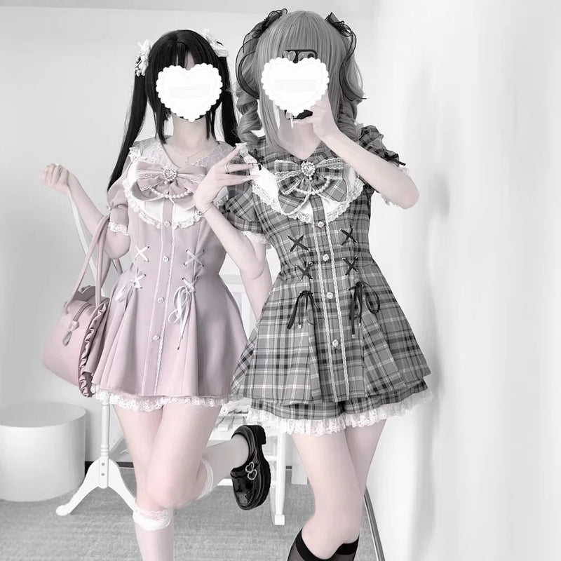 College-Style Retro Gray Plaid Shirt Dress for Women, Summer Sweet Little Girl's Bow Lace Waist-Cinching Short Dress