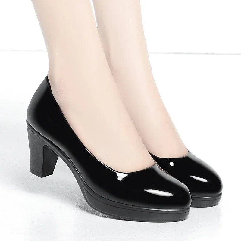 6cm 8cm Plus Size 34-42 Elegant Patent Leather Shoes Women's Platform Pumps 2026 Spring Shallow Med Block Heels Shoes Office Mom