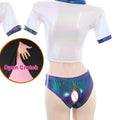 Open Crotch Laser Hologram Gymnastics Set Shiny Glossy Back Hollow Out Slim Stretch Outfit Party Stage Club Performance Fashion
