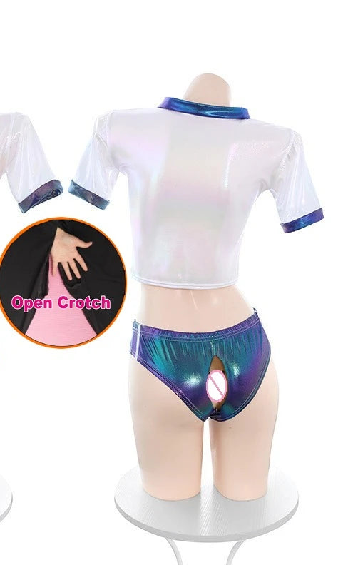 Open Crotch Laser Hologram Gymnastics Set Shiny Glossy Back Hollow Out Slim Stretch Outfit Party Stage Club Performance Fashion