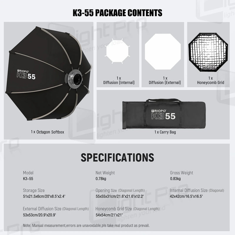 Triopo K3 Quick-Setup Bowens Mount Octagon Softbox One-Step Install Portable Light Modifier Umbrella Reflector W/ Honeycomb Grid