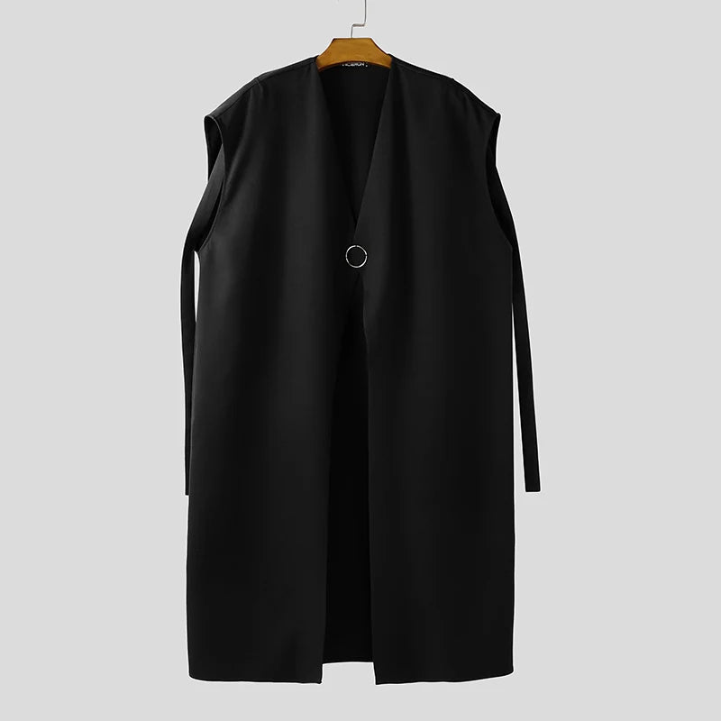INCERUN Men Vests Cloak Solid Color Oversize V Neck One Button Sleeveless Male Waistcoats Ponchos Streetwear Fashion Cape Men