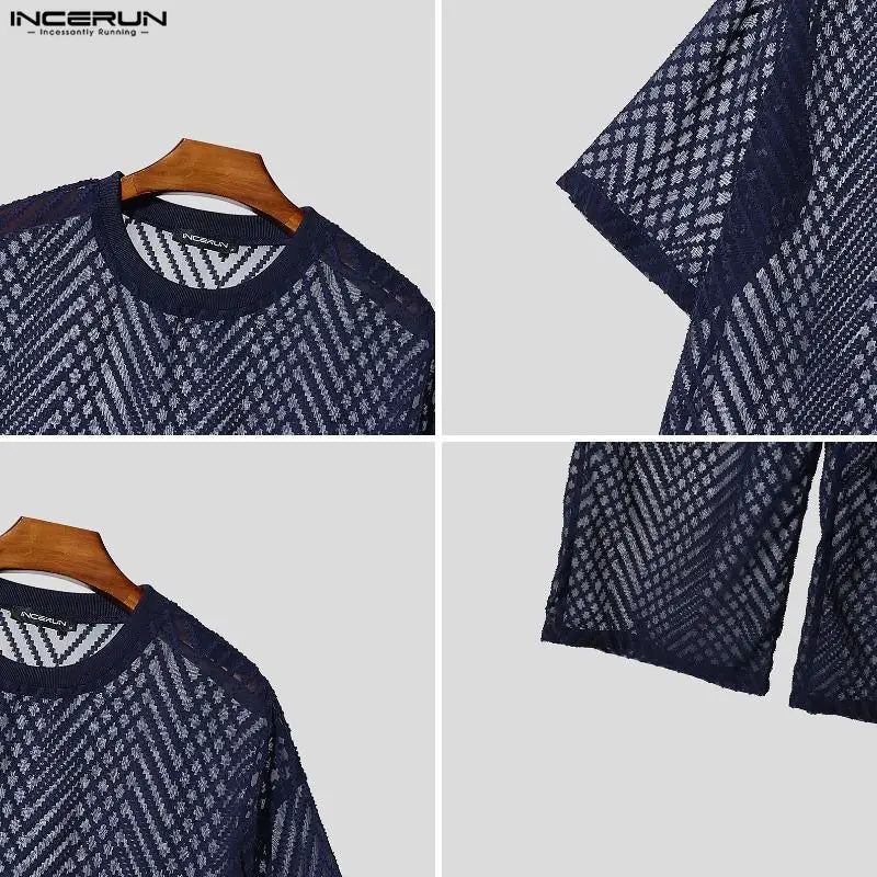 INCERUN Men's Sets See Through Mesh Short Sleeve T Shirt Pants Two Piece Streetwear Sexy Matching - View 6 | SAMAG