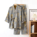 Comfortable Loose Homewear Sleepwear Set Japanese Style Men's Cotton Kimono Pajamas Set - Long Sleeve Robe with Pants