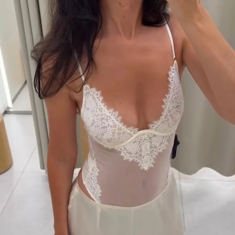 Sexy Lace Bodysuits Women V Neck Sleeveless Backless See Through Slim Short Jumpsuits Female 2026 Autumn New Chic Badyusuit Lady
