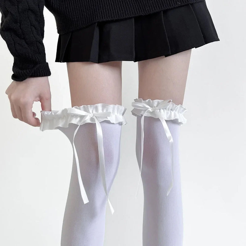 1Pair Spring Summer Women Stockings Sweet Lace Bow Thigh High Stockings Japanese Style Lolita Girls Kawaii Over Knee High Socks