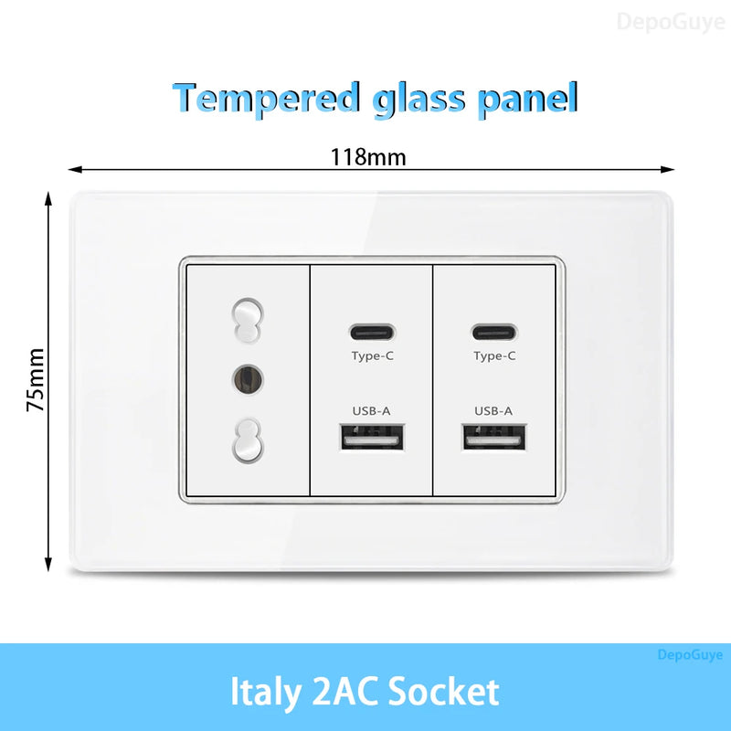 White Tempered Glass Italy USB Type C Smart Fast Charging Wall Socket Plugs Schuko Light Switch Panel Chile TV Sat Computer CAT6