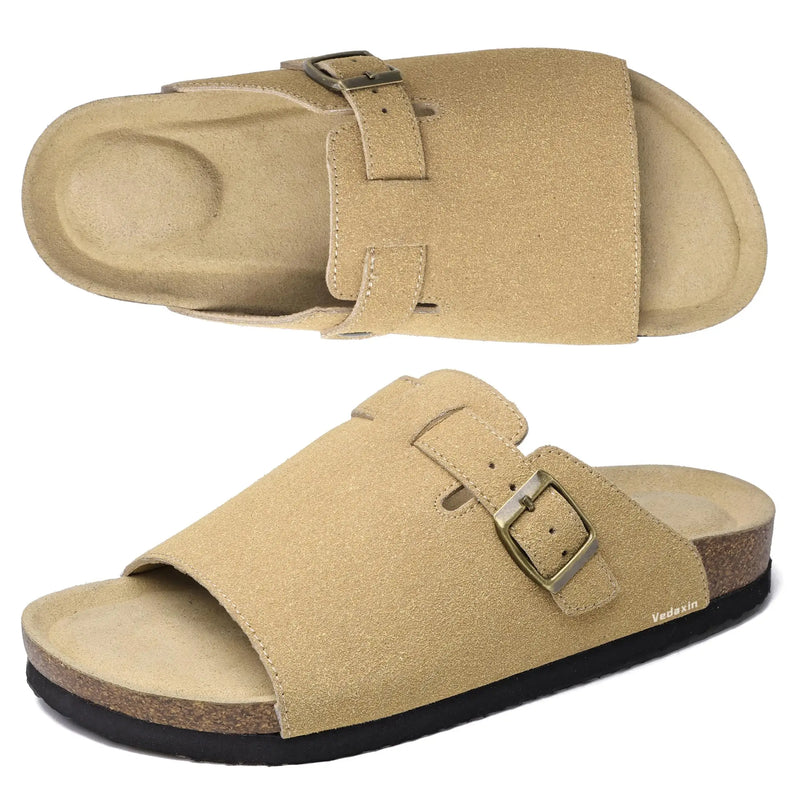 Women's Buckle Cork Slides Breathable Slippers Open Toe Suede Flat Sandals for Beach Wear