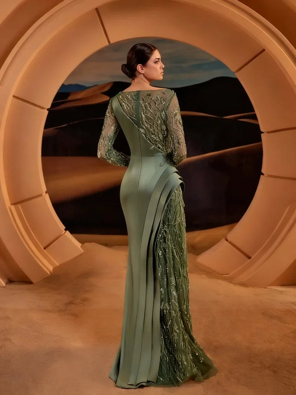 Elegant Olive Green Evening Dress Long Sleeve Sparkling | SAMAG